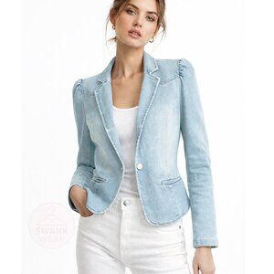 INC International Concepts Puff Sleeve Denim Blazer Jacket - Faded Blue Wash XS